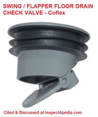 Swing type check valve used in a floor drain, by Coflex, cited & discussed at InspectApedia.com
