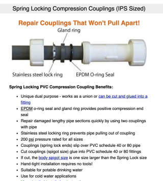 PVC spring lock compression fitting to stop aerobic septic air piping leaks cited & discussed at InspectApedia.com link to Spears Manufacturing  