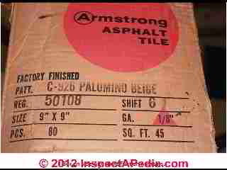 Armstrong vinyl asbestos floor tile Palimino Beige C913 & C926 with original packaging & asbestos content specifications 