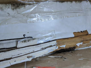 Rot and mold and water damage at a kickboard baseboard trim idoors (C) InspectApedia.com bMak
