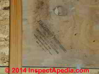 Fire retardant plywood identifying stamp © Daniel Friedman at InspectApedia.com