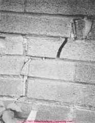 Photograph of thermal expansion of a brick foundation wall.
