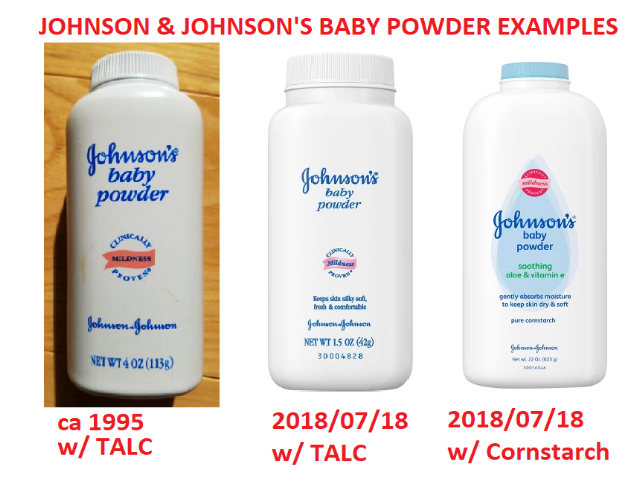 Three examples of Johnson's Baby Powder products (C) Daniel Friedman at InspectApedia.com 