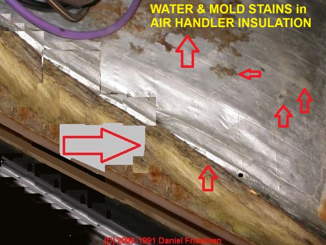 Photo of  leak stains on fiberglass insulation in an air handler (C) InspectApedia.com 