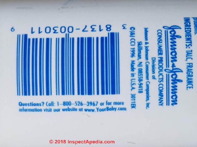 Johnson & Johnson's baby powder - older product - containing talc (C) Daniel Friedman at InspectApedia.com