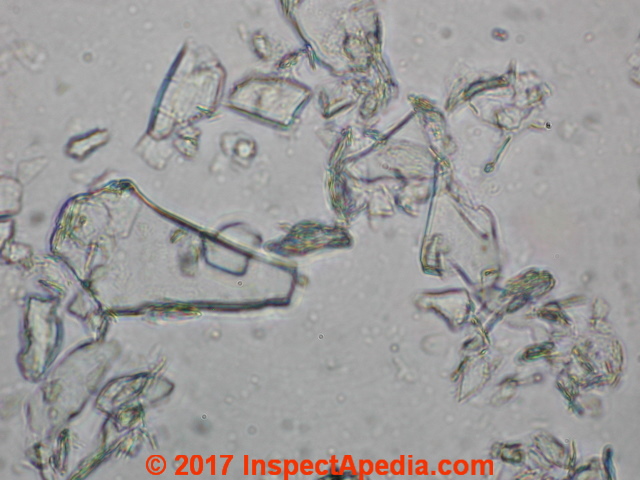 Talc particles in Johnson's Baby Powder at PM10 and smaller (C) Daniel Friedman InspectApedia.com
