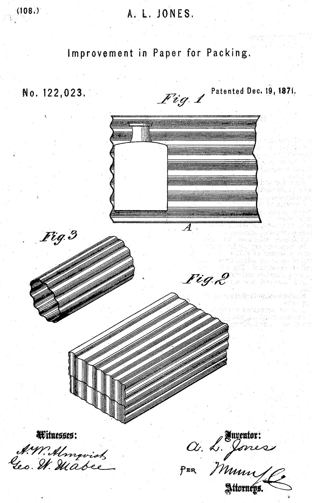 Jones corrugated board patent, 1871 cited & discussed at InspectApedia.com