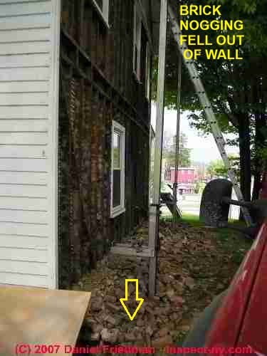 Bricks used as a wall liner tumbled from this wall during exterior renovation in Montgomery NY (C) InspectApedia.com Weisman