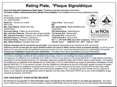 Navien water heater data plate indicates which models can also be used for space heating - source: navieninc.com cited & discussed at InspectApedia.com