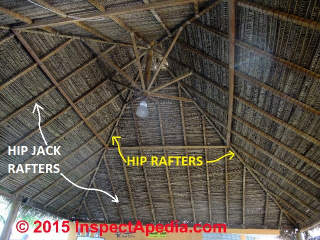 Three horizontal rafter tie or support locations define collar tie, rafter tie, mid-span tie, and compresson, netural, or tension forces (C) Daniel Friedman at InspectApedia.com