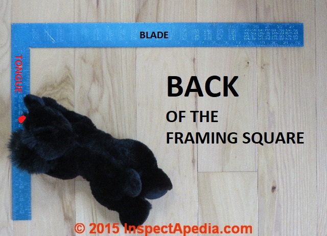 Photo of the back side of a framing square, tongue on left (C) Daniel Friedman