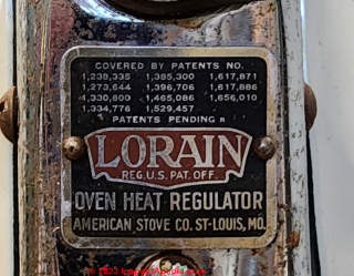 Lorain Oven Heat Regulator data tag with patent numbers, from the American Stove Co., in St Louis MO (C) Daniel Friedman at InspectApedia.com