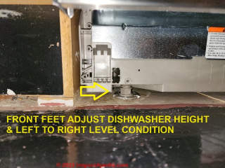 Left and front right adjustable feet on the Bosch dishwasher allow setting the front height and front left-to-right level (C) Daniel Friedman at InspectApedia.com