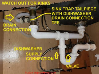 Dishwasher connection to sink trap - details  (C) Daniel Friedman at InspectAPedia.com
