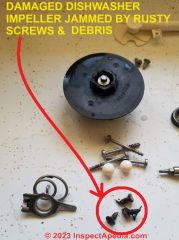 Disassembled Maytag dishwasher pump impeller shows damage & its cause (C) Daniel Friedman at InspectApedia.com