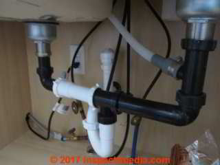 Dishwasher drain hookup to sink trap tailpiece (C) Daniel Friedman InspecApedia.com