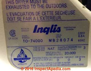 Ingilis clothes dryer data tag (C) InspectApedia.com