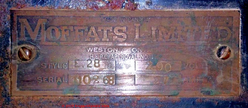 Moffat stove data tag, Style E.28, SN 110268, possibly from 1911 (C) InspectApedia.com Collin