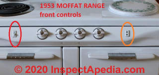 Front controls on a 1950s Moffat electric stove (C) InspectApedia.com