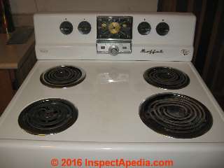 Moffat electric range, 1950's insulation & oven door hinge repair (C) InspectApedia.com 