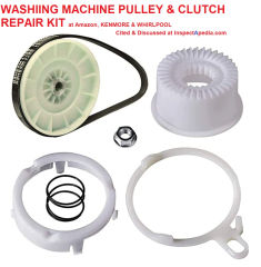 Washing machine pulley & clutch assembly repair kit for Kenmore & Whirlpool cited & discussed at InspectApedia.com listed at amazon.com