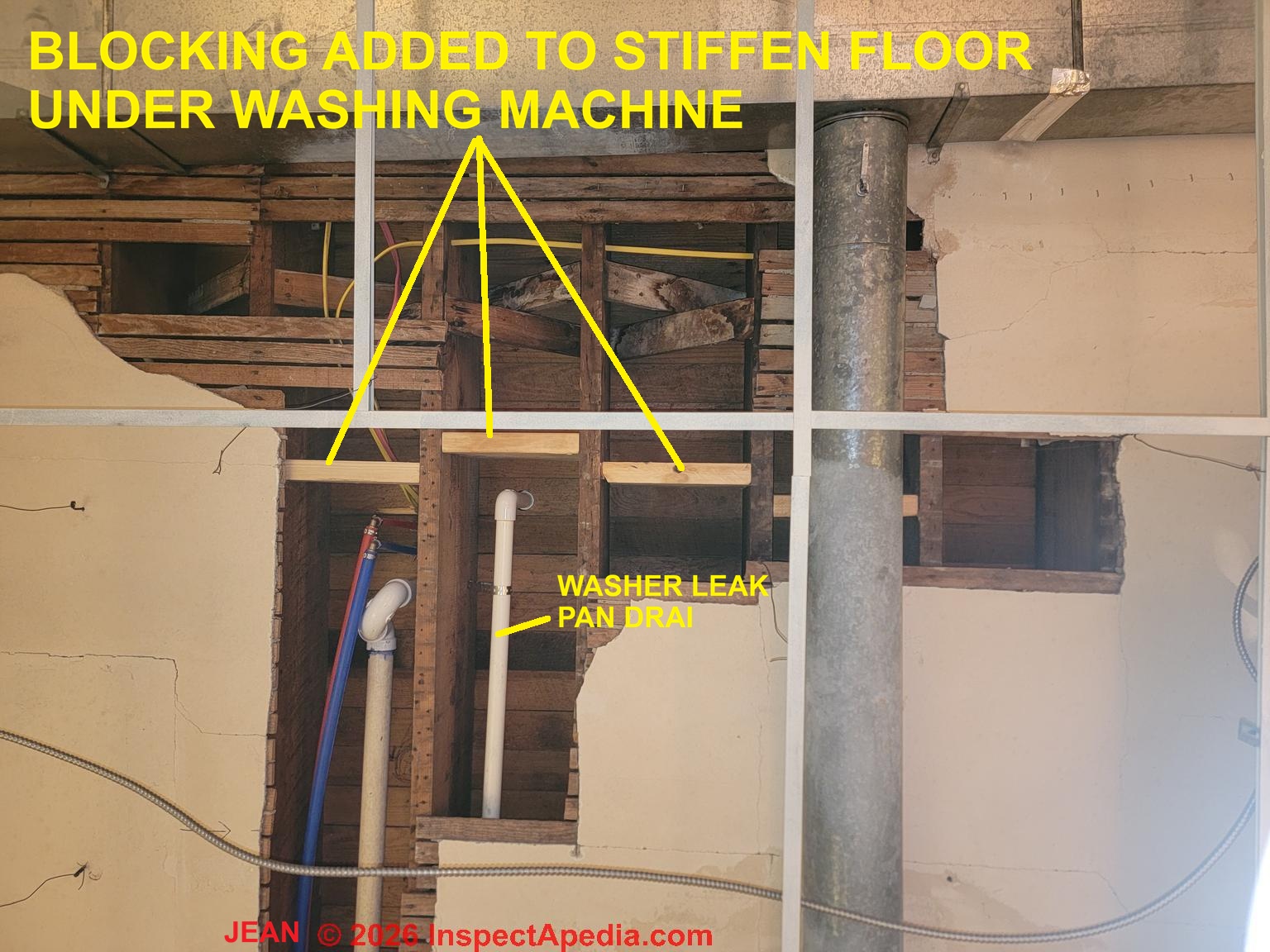 Joist blocking added to stiffen shaky floor under washing machine (C) InspectApedia.com Jean