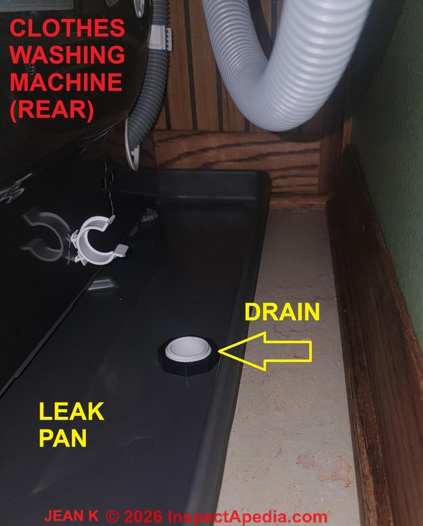 Washing machine leak or overflow pan and drain connection (C) InspectApedia.com Jean K