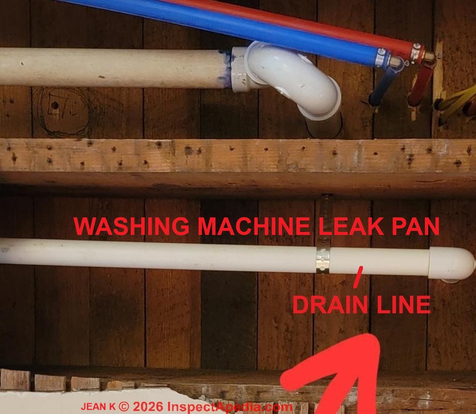 Washing machine leak or overflow pan and drain connection (C) InspectApedia.com Jean K