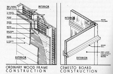 CemestO board construction compared with conventional wood framing at InspectApedia.com