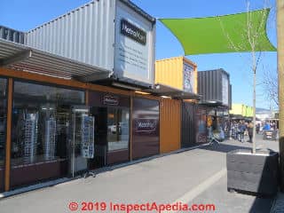 Re-Start shopping mall in New Zealand, built of shipping containers (C) Daniel Friedman at InspectApedia.com