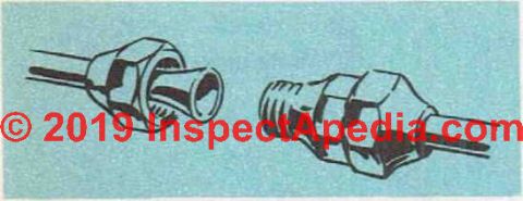 Figure 22: comonent parts of a copper pipe flare fitting ready for assembling: shown is a coupling (C) InspectApedia.com 2019