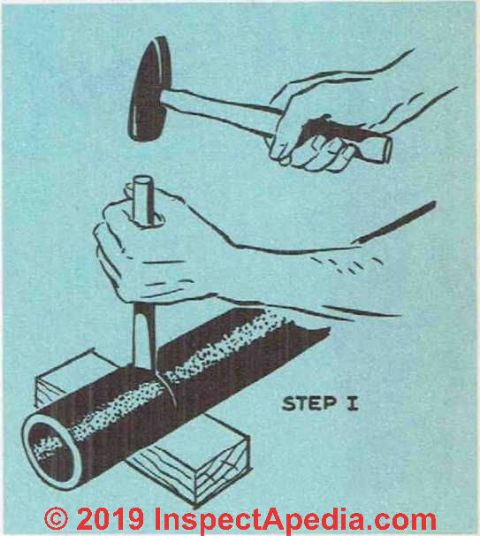 Figure 24: using a cold chisel to cut cast iron drain pipe or soil pipe (C) InspectApedia.com