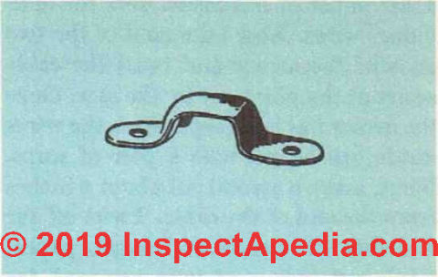 Fig. 15. Metal bracket used to support nonmetallic sheathed cable. Metal staples should not be used on this type of wire. (C) InspectApedia.com 2019