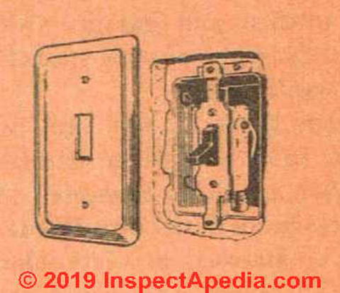 Fig. 55. Wall switch installed in box and the cover plate that is installed after the finish wall is in place. (C) InspectApedia.com 2019
