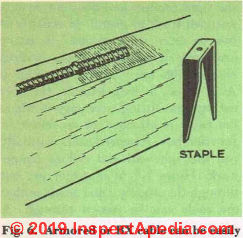Fig. 6. Armored or BX cable can be easily installed along the wood framing by means of large metal staples. (C) InspectApedia.com 2019
