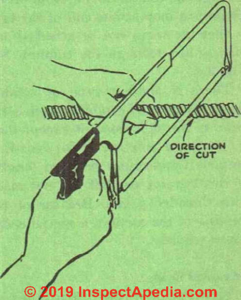Fig. 8. Correct angle at which to hold the hacksaw when cutting BX cable. (C) InspectApedia.com 2019