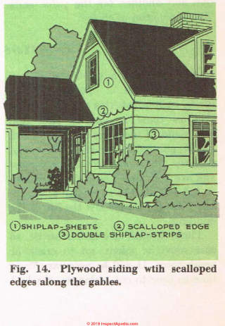 Fig. 14. Plywood siding with scalloped edges along the house gable end (C) InspectApedia.com 2019