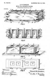 Seamans-Patent-US720536 for concrete block formation cited & discussed at InspectApedia.com