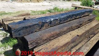 Creosote treated beams and railroad ties, Dolores Highway, Guanajuato Mexico (C) Daniel Friedman at InspectApedia.com