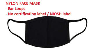 Nylon face mask, appears to lack NIOSH certification or labels - cited & discussed at InspectApedia.com