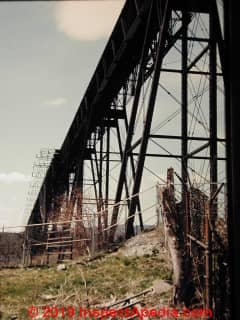 Poughkeepsie railroad bridge around the time of the 1974 bridge fire (C) Daniel Friedman at InspectApedia.com