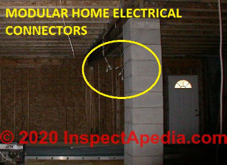 Crossover wire connectors in the basement of a modular home (C) Daniel Friedman at InspectApedia.com