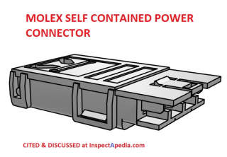 Molex brand self contained poer connector or "crossover connector" used on doublewides, mobile homes, modular homes cited & discussed at InspectApedia.com