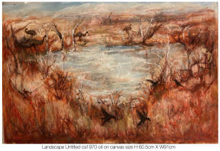 Landscape with Emus & Crows, Clement Kennedy ca 1970 - at Inspectapedia.com - Joshmar