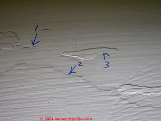 Painting without adequate feathering of edges of old paint invites paint failure (C) Daniel Friedman at InspectApedia.com