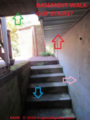 Basement walkout stairway blocked by building overhang and porch (C) InspectApedia.com KahnDB