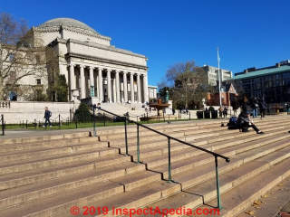 Handrail locations on very wide stairway at Columbia University, New York City (C) Daniel Friedman at InspectApedia.com