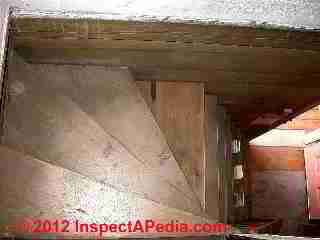 Narrow turning attic access stair © D Friedman at InspectApedia.com 