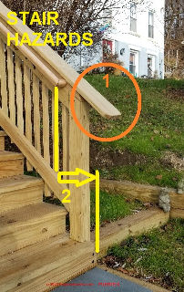 Two hazards at a stairway: top rail snag hazard and handrail too short (C) InspectApedia.com Arlene Puentes