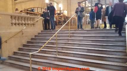 Handrailiings along wide stairs in Grand Central Terminal, New York City NY (C) Daniel Friedman @ InspectApedia.com